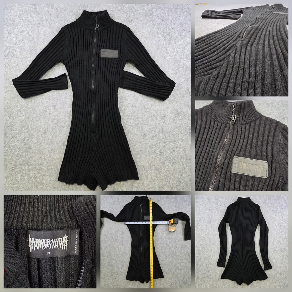 Darker Wavs Dolls Kill Romper Womens Small Black Rib Knit Zip Front Mock Neck